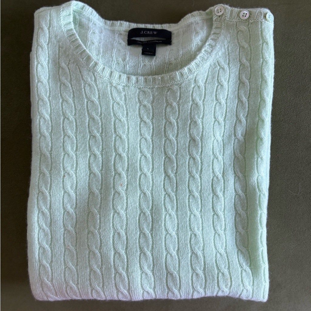 J. Crew Mint Cable-Knit Crewneck Sweater With Shoulder Buttons
